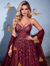 Burgundy Sequins Strapless Prom Dress