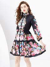 Retro Painted Lantern Sleeve Wavy Printed Dress