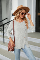 Round Neck Button Split Long Sleeve T-shirt
