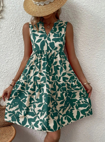Bohemian Loose V-neck Pleated Print Dress