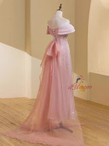 Pink Tulle Sequins Off the Shoulder Prom Dress