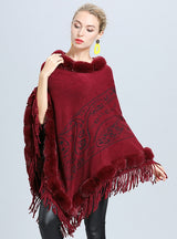 Fur Collar Jacquard Cloak Fringed Shawl