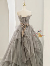Gray Tulle Lace Pleats Prom Dress