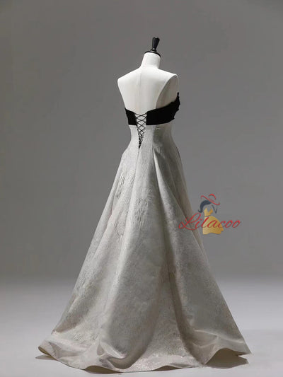 Silver Strapless Black Velvet Prom Dress