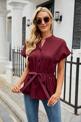 Solid Color V-neck Button Short Sleeve Shirt