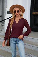 Waffle Lace Stitching Long Sleeve V-neck T-shirt