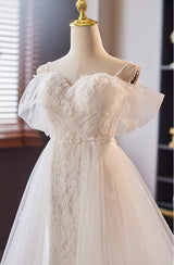White Lace Tulle Pleats Straps Wedding Dress