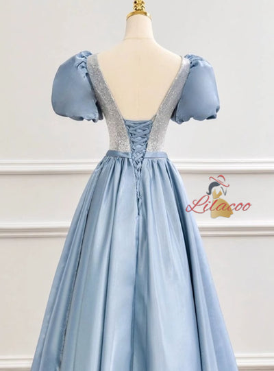 Blue Satin Puff Sleeve Sequins Prom Dress