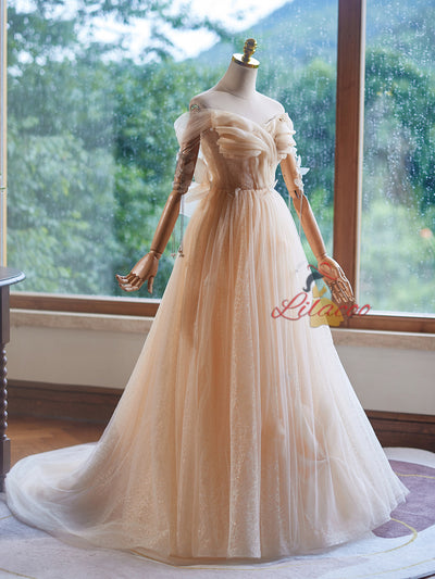 Champagne Tulle Sequins Pleats Butterfly Prom Dress