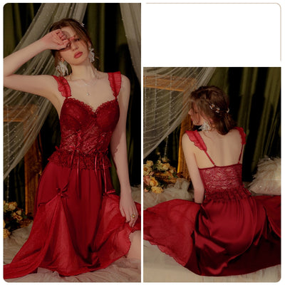 Lace Backless Suspenders Nightdress with Chest Pad
