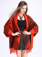 Printed Bat Sleeve Tassel Knitted Shawl