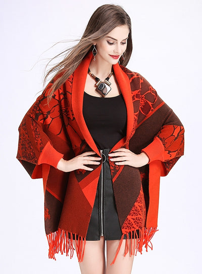 Printed Bat Sleeve Tassel Knitted Shawl