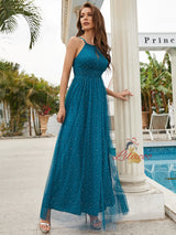 Blue Tulle Halter Pleats Prom Dress