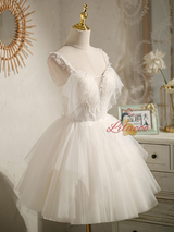 White Tulle Straps Pearls Homecoming Dress