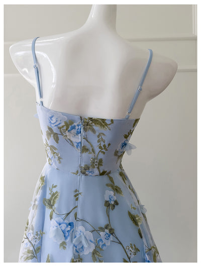 Blue Tulle Print 3D Flower Prom Dress