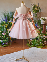 Pink Tulle Off the Shoulder Pleats Homecoming Dress
