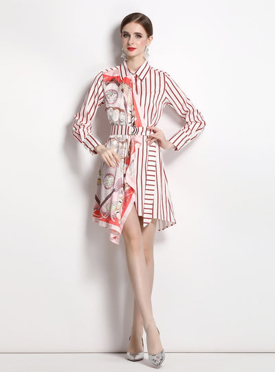 Striped Long-sleeved Irregular Shirt Dress