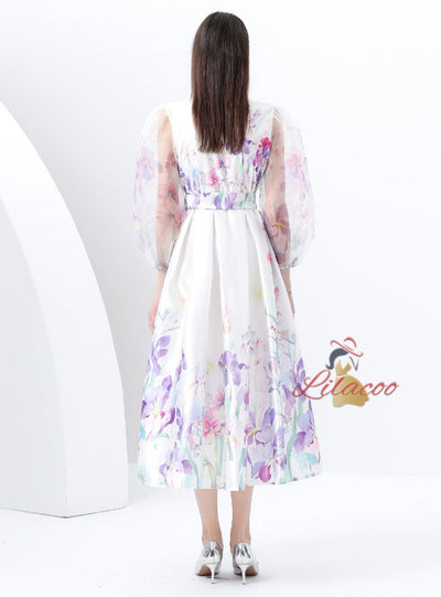 Lantern Sleeves Elegant Swing Print Dress