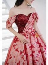 Burgundy Print Sequins Off the Shoulder Prom Dress
