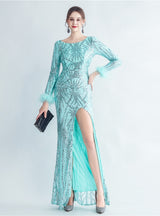 Long Sleeve Split Sequins Prom Dress