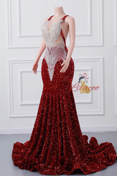 Burgundy Mermaid Sequins Lace Prom Dress