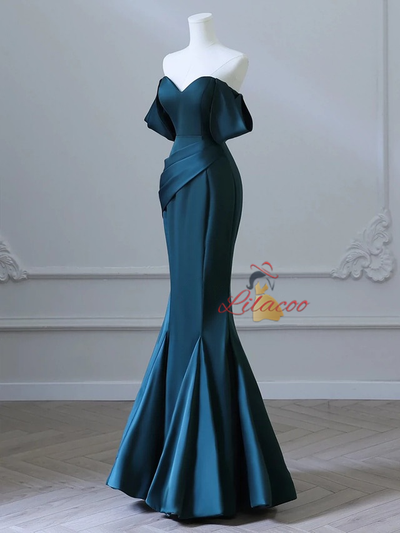 Green Mermaid Satin Pleats Prom Dress