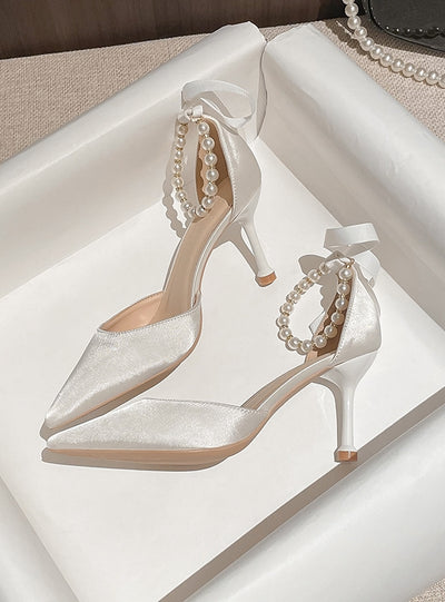 White Bow Stiletto Heels Pointed Shoes