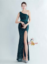 Mermaid One Shoulder Sequins Split Prom Dress