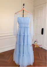 Retro Blue Square Collar Gauze Banquet Dress