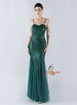 Sequins Tulle Spaghetti Straps Beading Prom Dress