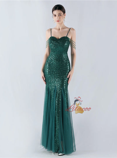 Sequins Tulle Spaghetti Straps Beading Prom Dress