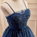 Navy Blue Tulle Beading Homecoming Dress