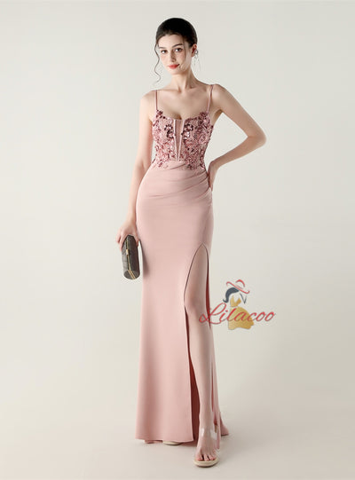 Mermaid Spaghetti Straps Appliques Split Prom Dress