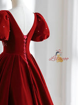 Burgundy Velvet Puff Sleeve V-neck Crystal Prom Dress