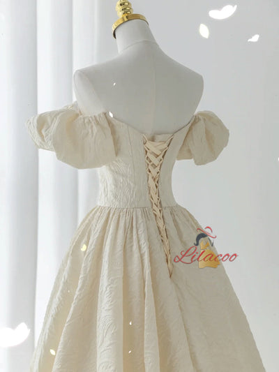 Champagne Puff Sleeve Pleats Prom Dress