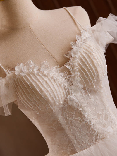 White Tulle Lace Beading Wedding Dress