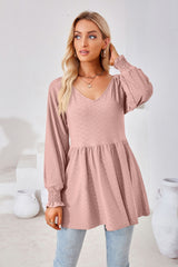 Stitching V-neck Long-sleeved Loose T-shirt