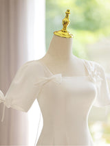 White Square Neck Short Sleeve Bow Wedding Dress
