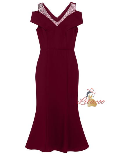 Burgundy V-neck Beading Mother Of The Bride Dress