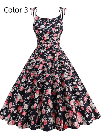 Women Straps Pocket Retro Print Dress