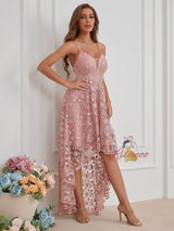 Pink Lace Hi Lo Straps Prom Dress