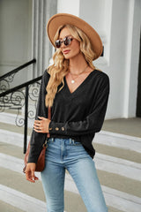 V-neck Loose Long Sleeve Button T-shirt