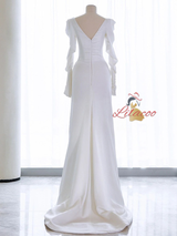 White Satin Long Sleeve Pleats Wedding Dress