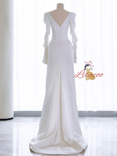 White Satin Long Sleeve Pleats Wedding Dress