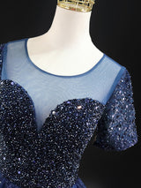 Navy Blue Sequins Short Sleeve Homecoming Dress