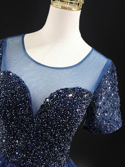 Navy Blue Sequins Short Sleeve Homecoming Dress