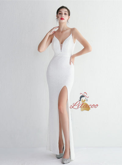 Sequins Spaghetti Straps Backless Beading Prom Dress