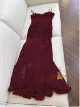 Burgundy Pleats Irregular Suspender Dress