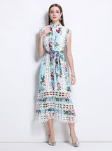 Openwork Lace Stitching Printed Dress