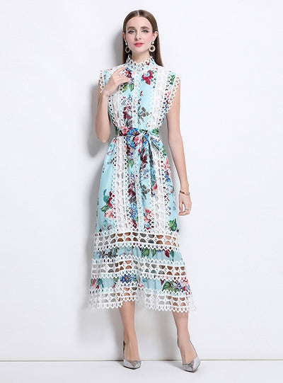 Openwork Lace Stitching Printed Dress